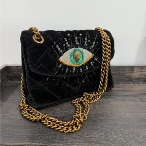 Kurt Geiger Black Velvet Mini Bag with Gold Chain and Eye Motif